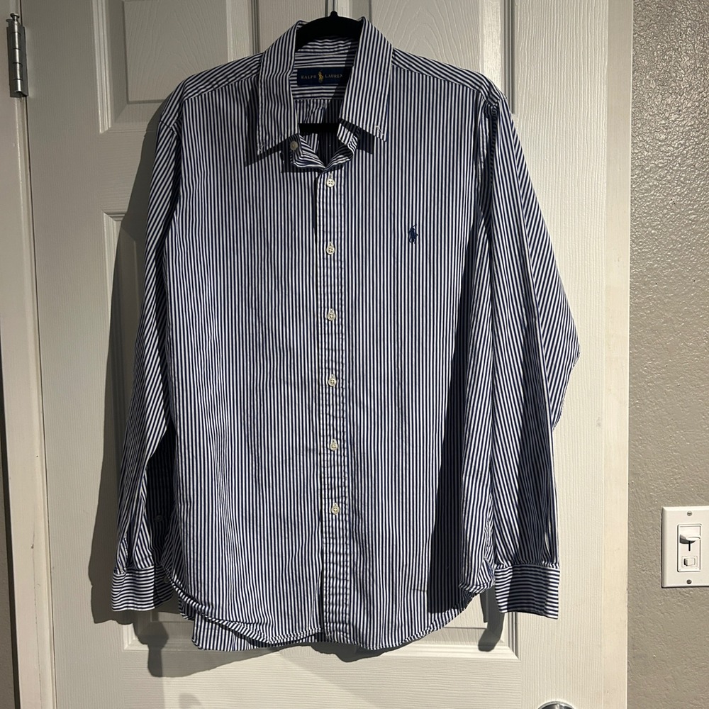 Polo Ralph Lauren Mens Large Blue White Striped Long Sleeve Button Down Shirt